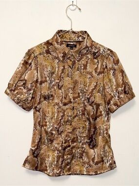 Gorgeous Snake Print Brown White Gold Toned Dressy Wedding Guest Blouse 💝